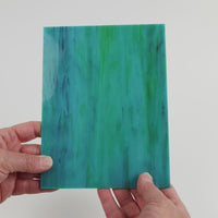 Video of the Parrotfish glass plate in translucent teal, 15x19cm, held up and tilted to show its pattern and transparency
